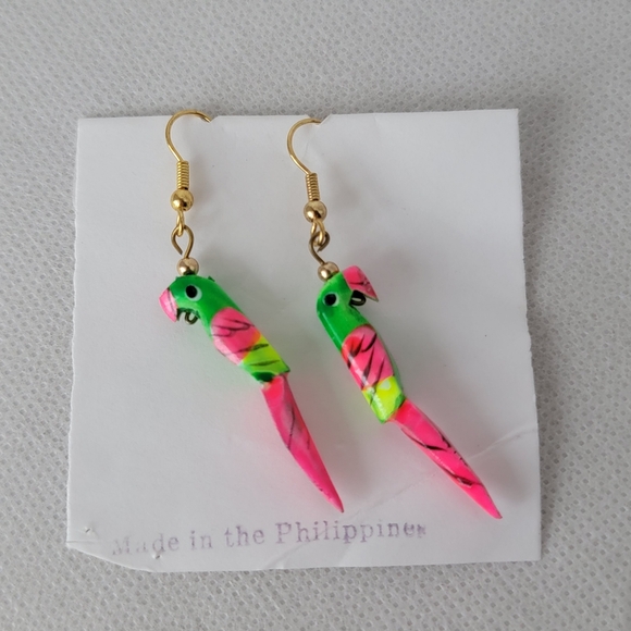 Hand Painted Wood Parrot Earrings Neon - Picture 7 of 7